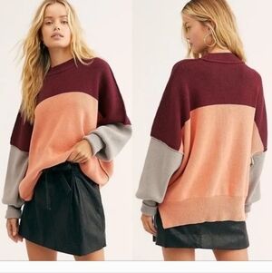 Free People Easy Street Women’s Colorblock Sweater Burgundy, Peach, and Gray L